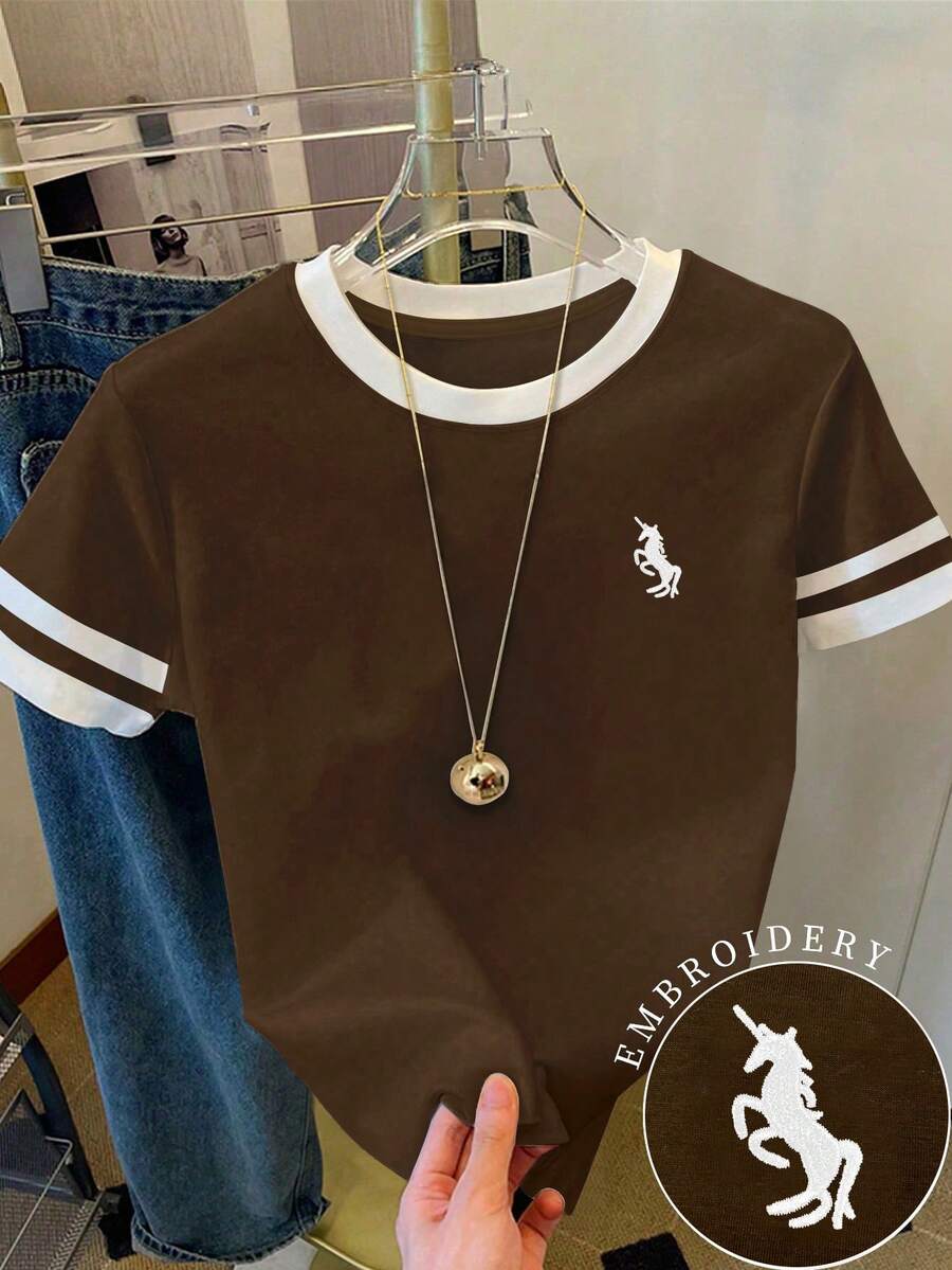 Resyla 女士T恤/独角兽图案印花/刺绣工艺/女士宽松休闲撞色圆领T恤上衣/时尚卫衣/春夏 - 彩色 - 查看 1