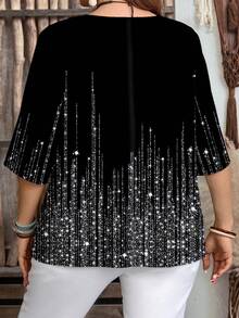 EMERY ROSE Plus Size Casual Notched Neck Half Sleeve Blouse With Random Print Design And Rhinestone Details,Spring/Summer/Vacation - Multicolor - View 2