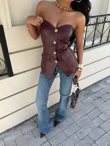 Siren Gaze Leather Top Siren Gaze Old Money Style Women's Burgundy Red Strapless A-Line Top With Slit  Women's Women's Fashion Front Button Camisole Top - Red - View 5