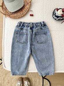 SHEIN BabyflickaKörsbärsmönster Blå Denim Lösa Utsvängda Byxor - Ljustvätt - Visa 3