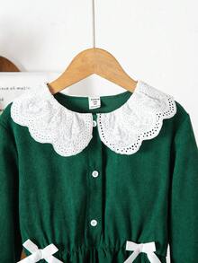 SHEIN Girls' Dark Green Long Dress,Elegant Birthday Party & School Autumn Casual Dress,Embroidered Peter Pan Collar,Waist Bow Accent,Soft & Comfortable - Green - View 7