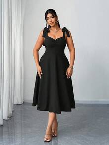 Elenzga Plus Size V-Neck Ruched Waist Slit Elegant Romantic Dress For Women - Black - View 5