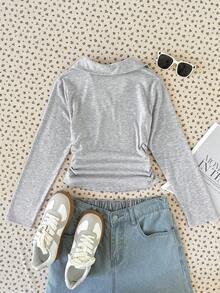 SHEIN 少女针织长袖T恤，时尚百搭休闲基础款 - 淺灰色 - 查看 2