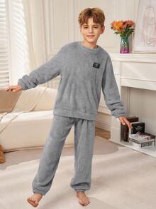 SHEIN 2pcs Tween Boy Minimalist Letter Embroidered Crew Neck Long Sleeve Top And Soft Fleece Pajama Pants Set, Comfortable Homewear Sleepwear, Autumn/Winter - Grey - View 5