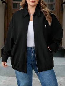 SHEIN CURVE+ Plus Size Women's Black Woven Casual Regular Jacket, Front Zipper And Knight Print Black Jacket Women's Linen Jacket Women's Zipper Jacket Women's/Winter - Black - View 4