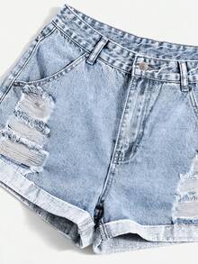 SHEIN PETITE 女士休闲百搭做旧牛仔短裤 - 淺色水洗藍 - 查看 4