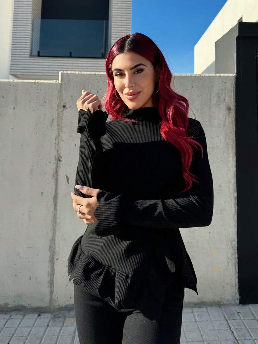 Bearsaez Women Casual Plain Stand Collar Split Hem T-Shirt, Autumn/Winter Fall Cloth For Women