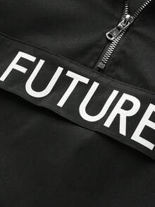 Manfinity Homme Men's Letter Print Long Sleeve Zip-Up Half Placket Casual Hoodie Jacket - Black - View 3