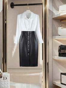 Rafferiza Black & White Contrast Color Block PU Leather Casual Slim Fit Work Commute Dress Fall Cloth For Women - Black and White - View 3
