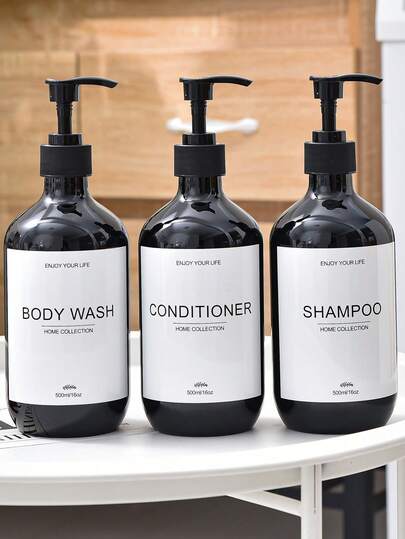 Set med 3 st, 16,9 oz/500 ml svarta påfyllningsbara schampo- och balsamflaskor med pump och vattentäta etiketter, plastduschflaskor för hemmet, hotell och badrum badrumsinredning höstdekoration tillbaka till skolan
