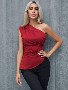 SHEIN Privé Top sin mangas y de un solo hombro ajustado y de unicolor con ribete de volantes para mujer en verano - Rojo - Ver 6