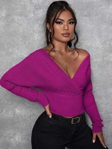 SHEIN SXY 大码女式秋冬舒适休闲露肩交叉领紧身腰毛衣，适合性感妩媚的职场女性、舞会、情人节、邮轮旅行、通勤、商务场合穿着。 - 紫色 - 查看 4