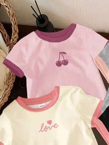 SHEIN Happikins 4pcs/Set Kaos Lengan Pendek Leher Bulat Minimalis Kasual untuk Bayi Perempuan, Cocok untuk Musim Semi & Musim Panas - MultiWarna - View 3