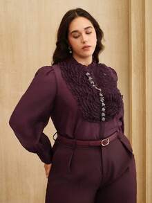 Anewsta Plus Size Women's Ruffled Collar Lace 3D Flower Blouse, Suitable For Christmas, New Year Party, Spring & Autumn - Purple - View 3