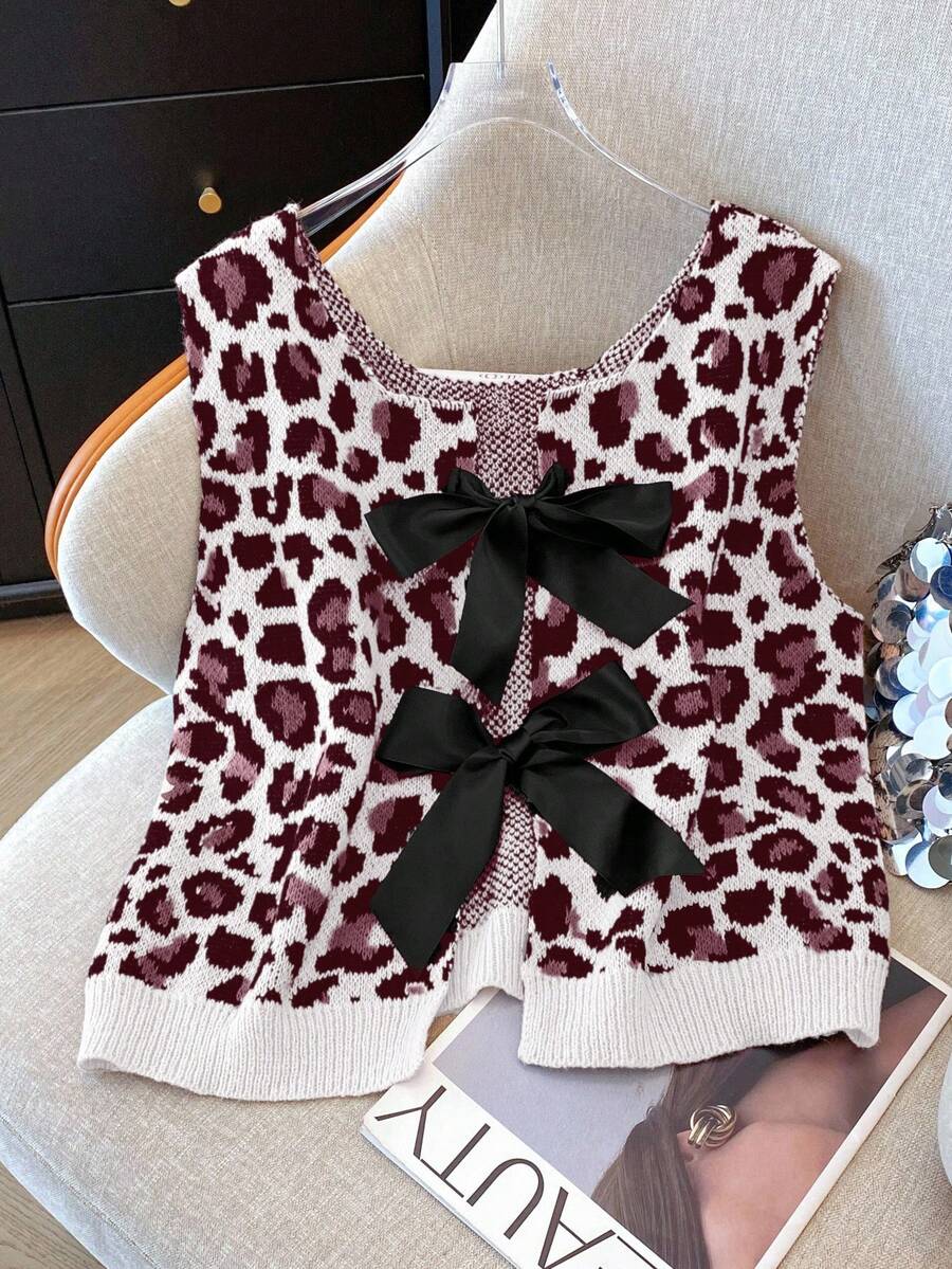 Franclia Áo len cardigan dệt kim không tay họa tiết da báo kiểu Pháp cỡ lớn cho nữ, thời trang, thường ngày, đa năng, nhiều lớp - Nhiều màu - Xem 1