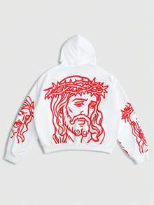 ROMWE MEN Street Life Sudadera con capucha, cremallera y manga larga con estampado de retrato y letras para hombre - Multicolor - Ver 2
