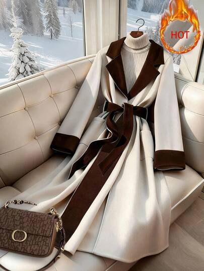 GlowEve 时尚新款撞色翻领腰带优雅法式中长款女士大衣
