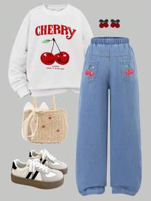 SHEIN Explorewe Bộ 2 áo nỉ in họa tiết quả anh đào rộng rãi cho bé gái và quần jean ống đứng ống rộng đã giặt, thích hợp cho các hoạt động ngoài trời, đi học, đi chơi vào mùa thu/đông - trắng - Xem 7