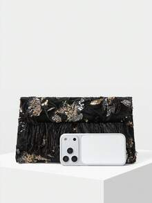 MOTF PREMIUM LADIES ELEGANT FLORAL PATTERN BEAD MATERIAL CLUTCH BAG ENVELOPE BAG WITH ARTIFICIAL FEATHER DECORATION,VALENTINES DAY - Black gold - View 4