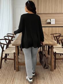 EMERY ROSE 大码女式纯色长袖开衫、条纹圆领背心和抽绳腰裤休闲套装 - 黑色 - 查看 2