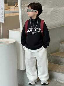 SHEIN Little Byeori 2 件套青少年男孩韩版休闲运动夹克，立领字母印花和松紧腰裤套装，适合通勤、上学、休闲外出、运动、春夏季 - 黑色 - 查看 7