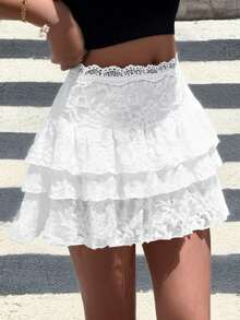 SHEIN Girlism Teen Girl Y2K Style White Lace Ruffle Hem Mini Skirt, Summer - White - View 3