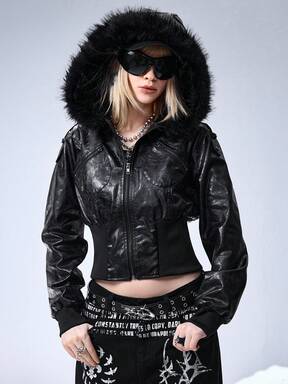 Grunge Punk Kpop Punk Embossed PU Leather Short Fitted Fur Collar Hooded Jacket