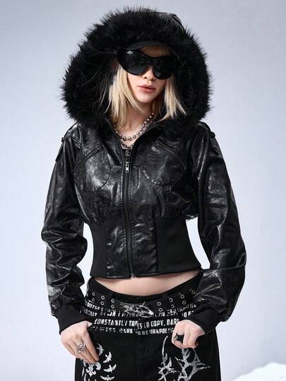 Grunge Punk Kpop Punk Embossed PU Leather Short Fitted Fur Collar Hooded Jacket