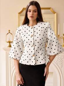 Revavyn Women's Black Polka Dot Mid-Sleeve Short Metal Buckle Cuff Blazer Jacket - White - View 4
