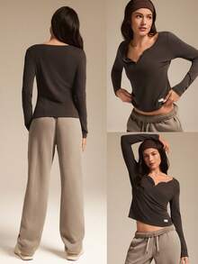 GLOWMODE Modal Ribbed Cozy Confidence Soft Stretchy Breathable Distressed Curved Neckline Buttons Hip Length Long Sleeve Top  Daily Casual Wear Spring Summer - Brown - View 7