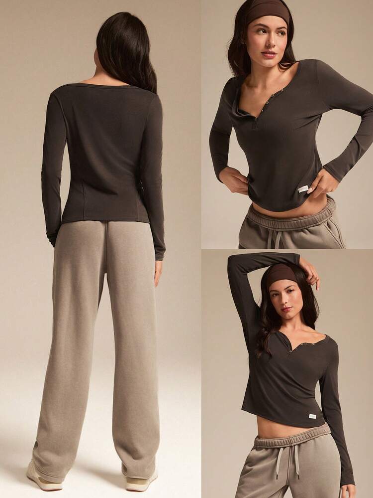 モーダル リブ編み コージー コンフィデンス ソフト ストレッチ 通気性 ダメージ加工 カーブネック ボタン ヒップ丈 長袖トップス 秋冬 デイリーカジュアルウェア