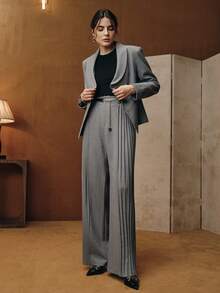 Anewsta Women's Modern Elegant Side Pleated Flare Pants With Metal Belt Decoration, Long Suit Pants - Grey - View 5