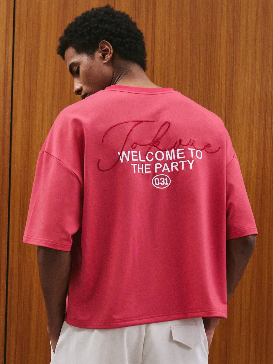 TOKVUE Men's Casual Slogan Embroidered Short Sleeve T-Shirt, Summer - Burgundy - View 1