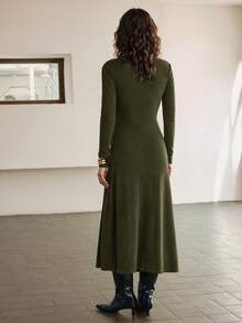 Ontre 女款長袖收腰喇叭下擺洋裝，橄欖綠，秋季，優雅，用餐，保暖面料，都市通勤，商務休閒，派對 - 軍綠色 - 查看 4