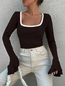 EURMUSE Cotton Contrast Binding Flounce Sleeve Tee - Brown - View 1