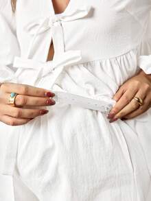 Boho Mama 波西米亚风孕妇两件套休闲纯色系带衬衫长裤套装，纯棉两件套，棉质女装，大码裤装套装，两件套女装，亚麻两件套女装 - 白色 - 查看 5