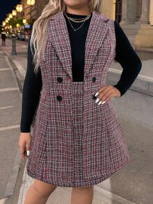 SHEIN LUNE Plus Size Plaid Collar Double-Breasted Coat And Skirt Set - Red - View 6