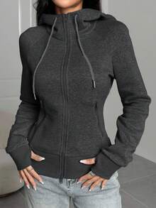 SHEIN EZwear 大码女式纯色休闲连帽拉链长袖修身卫衣，秋冬季女式连帽上衣卫衣灰色外套拉链卫衣 - 深灰色 - 查看 9