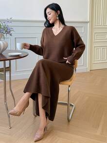 DAZY 两件套女士美人鱼裙摆半身裙套装，宽松针织衫和半身裙，秋冬季休闲优雅穿搭 - 棕色 - 查看 7