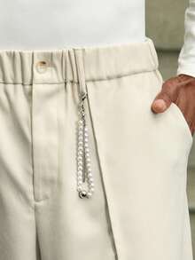AKNOTIC Men's Solid Color Pocket Button Casual Loose Pants Light Beige,Autumn,Chique,Dress Jewelry Cream Joggers Henley Drawstring Pants With Chain - Apricot - View 1