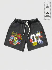 ROMWE MEN Pantalones cortos casuales con estampado lavado y desgastado para hombres - Negro - Ver 1