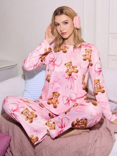 SweetSlumber Schattige Ins Bear Bow Cartoon Pattern Round Neck Women Pajama Set view 6