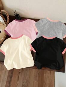 SHEIN Happikins 4pcs/Set Kaos Lengan Pendek Leher Bulat Minimalis Kasual untuk Bayi Perempuan, Cocok untuk Musim Semi & Musim Panas - MultiWarna - View 2