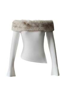 INAWLY 女士时尚性感露肩仿毛皮饰边短款上衣 - 白色 - 查看 7