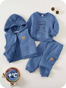 SHEIN 3件套婴儿男女童秋冬可爱卡其色针织连帽外套、背心、卡通熊图案卫衣、运动裤，男女通用婴儿服装，婴儿冬季保暖套装 - 霧霾藍 - 查看 1
