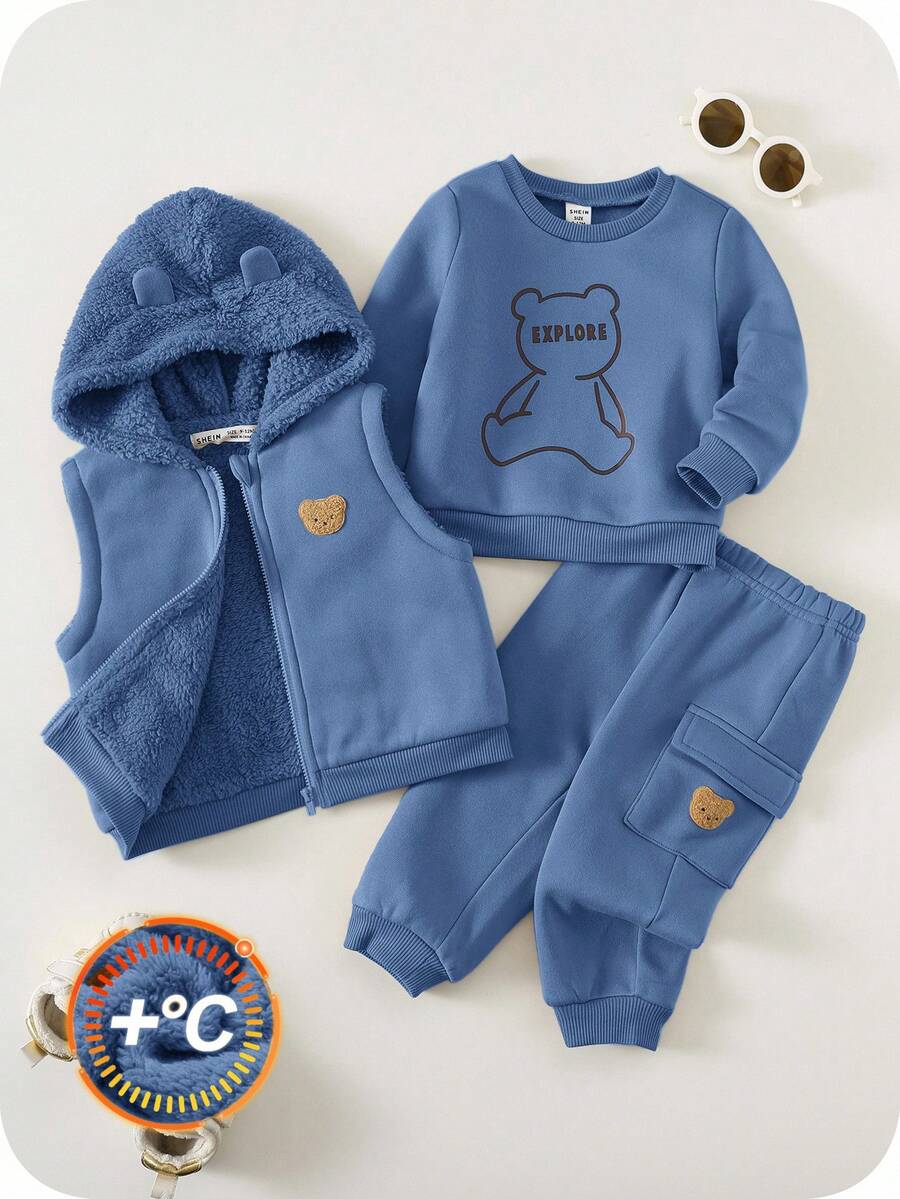 SHEIN 3件套婴儿男女童秋冬可爱卡其色针织连帽外套、背心、卡通熊图案卫衣、运动裤，男女通用婴儿服装，婴儿冬季保暖套装 - 霧霾藍 - 查看 1
