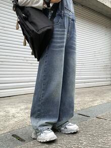 SHEIN Little Byeori 青少年男孩时尚休闲 Y2K 复古酷炫街头蓝色渐变水洗宽松背带裤牛仔裤，适合儿童日常穿着，也适合儿童秋冬季锐舞派对、节日和街头服饰。 - 藍色 - 查看 5