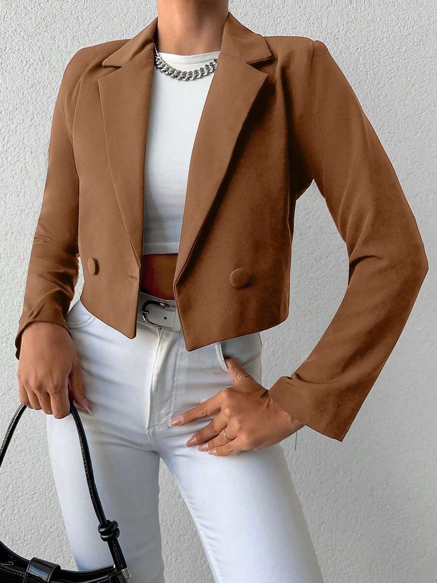 SHEIN Cottnline Women's Solid Color Long Sleeve Two-Button Short Casual Blazer - Camel - View 1