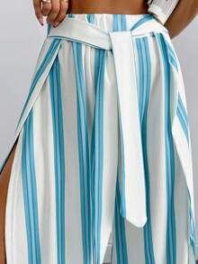 EURMUSE Unity Self Belted Split Thigh Striped Pant - Multicolor - View 5