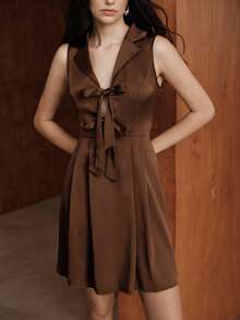 Uhlyne Women's Spring/Summer/Autumn/Winter New Elegant Luxury Suit Dress For Banquets, Girlfriends' Gatherings, Partys, And New Year's Eve - Sleeveless Lace-Up Bow Dress With Pleated Waist And A-Line Satin Flow - Mocha Brown - View 7